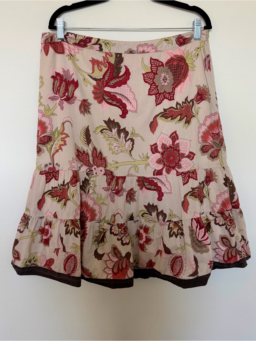 Ann Taylor Cotton Floral Tiered Skirt Pink Brown Chartreuse XL
